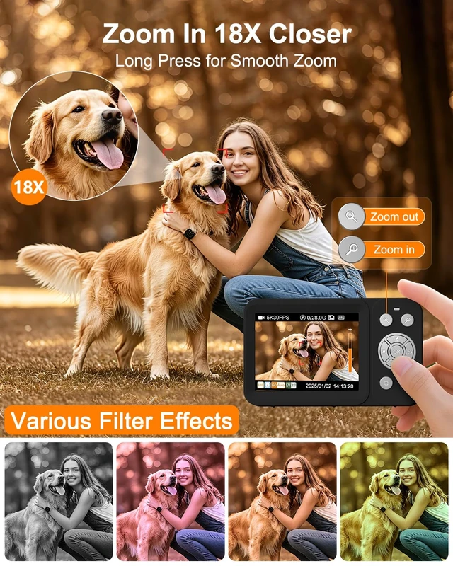 Alt view image 5 of 7 - Digital Camera, 5K 80MP Dual Screen, Auto Focus for Beginners Teens Point and Shoot Camera with 18X Zoom, 32GB Card & 2 Batteries, Great Travel Vlogging Camera for YouTube, Black