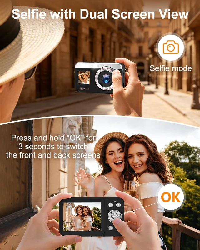 Alt view image 4 of 7 - Digital Camera, 5K 80MP Dual Screen, Auto Focus for Beginners Teens Point and Shoot Camera with 18X Zoom, 32GB Card & 2 Batteries, Great Travel Vlogging Camera for YouTube, Black