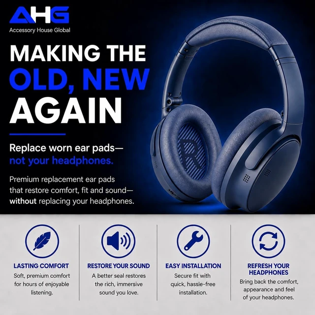 Alt view image 2 of 7 - QC45 Ear Pads Compatible with Bose QuietComfort 45 35 QC35 II QCSC QCSE Midnight Blue Easy DIY Fit Premium Protein Leather Extra Thick Soft High-Density Foam