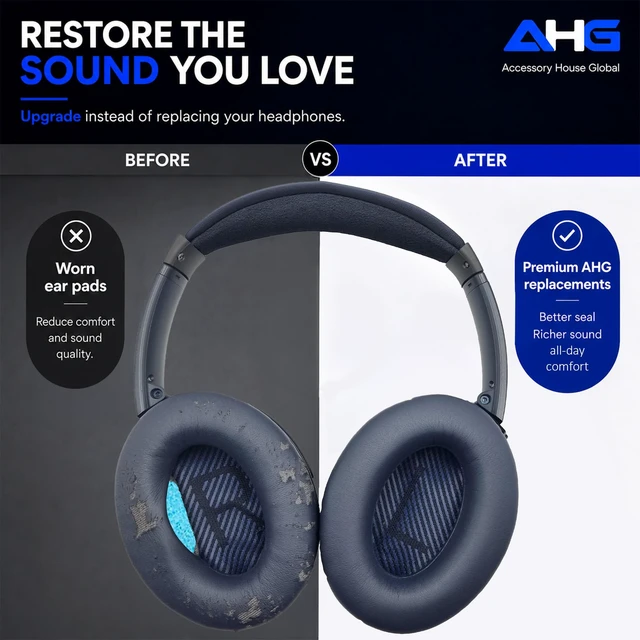 Alt view image 4 of 7 - QC45 Ear Pads Compatible with Bose QuietComfort 45 35 QC35 II QCSC QCSE Midnight Blue Easy DIY Fit Premium Protein Leather Extra Thick Soft High-Density Foam