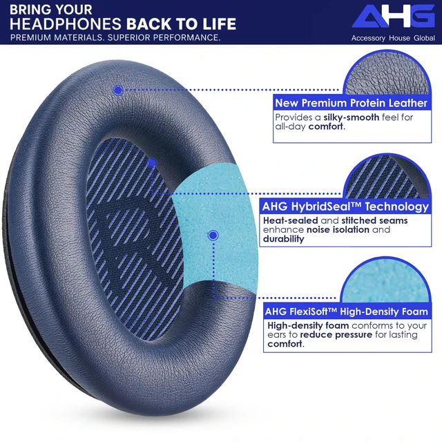 Alt view image 3 of 7 - QC45 Ear Pads Compatible with Bose QuietComfort 45 35 QC35 II QCSC QCSE Midnight Blue Easy DIY Fit Premium Protein Leather Extra Thick Soft High-Density Foam