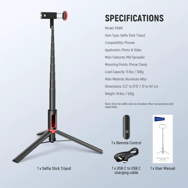 Alt view image 2 of 7 - Basics PA991 Selfie Stick Tripod Compatible with iPhone Samsung Android, 57.9 Inch Metal Portable Lightweight Travel Mobile Phone Stand with Holder & Remote Control for Video Recording