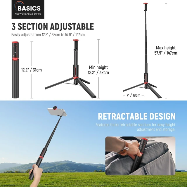 Alt view image 3 of 7 - Basics PA991 Selfie Stick Tripod Compatible with iPhone Samsung Android, 57.9 Inch Metal Portable Lightweight Travel Mobile Phone Stand with Holder & Remote Control for Video Recording