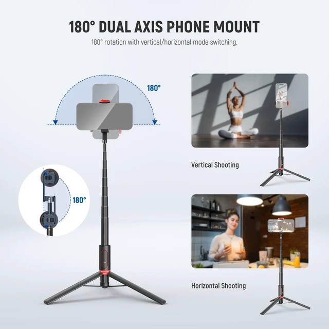 Alt view image 4 of 7 - Basics PA991 Selfie Stick Tripod Compatible with iPhone Samsung Android, 57.9 Inch Metal Portable Lightweight Travel Mobile Phone Stand with Holder & Remote Control for Video Recording