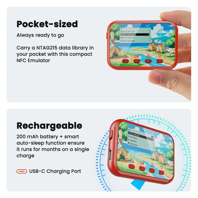 Alt view image 5 of 7 - NFC Emulator, Store 3000 NFC Data, Support Ulimited Scan, 1.2" Screen, Easy Button Controls, Rechargeable for Endless Play, Compatible with 50+ Games (Red)