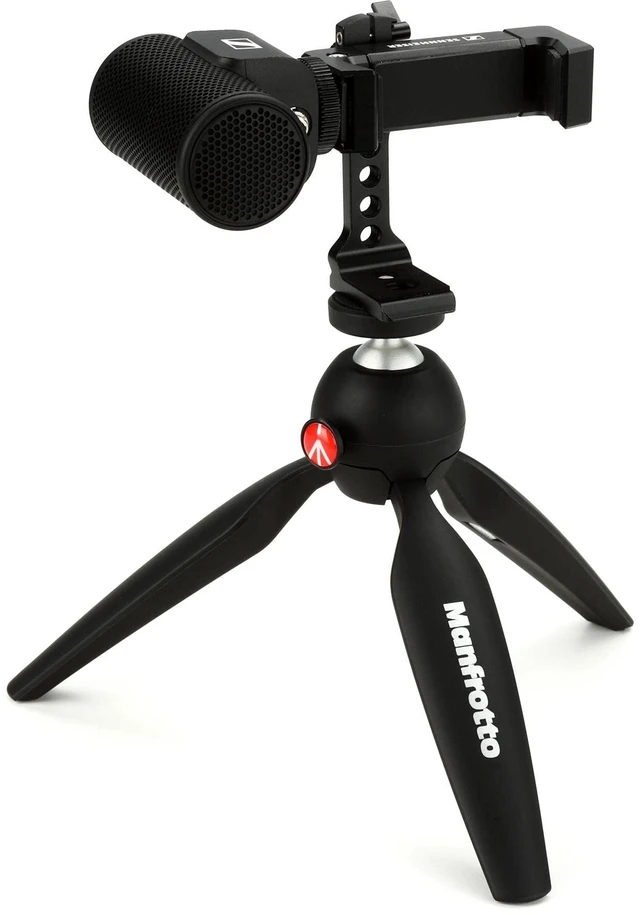 Main image of Pro Audio Professional MKE 200 + Mobile Kit, Directional On-Camera Microphone with Smartphone Clamp & Manfrotto PIXI Mini Tripod, 509256, Black