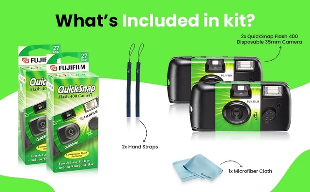 Alt view image 7 of 7 - Fujifilm QuickSnap Flash 400 Disposable 35mm Camera 2 Pack 2 Hand Straps Microfiber Cleaning Cloth