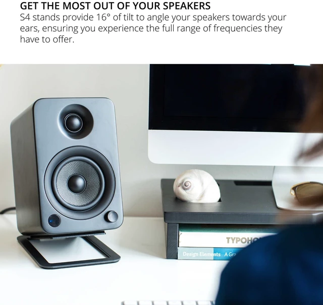 Alt view image 4 of 7 - Kanto S4 Tilted Desktop Speaker Stands for Medium Bookshelf Speakers & Mid-Size 3-4 Studio Monitors | Supports 8 lbs | Damping Foam Padding | ¼-20 Mounting | Pair | Black