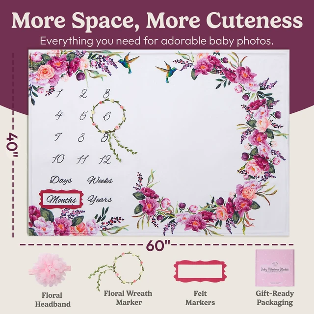 Alt view image 2 of 7 - Monthly Milestone Blanket for Baby Girl - 60"x40" - Wrinkle Free Baby Age Month Blanket with Growth Chart - Washable & Dryable - w/Wreath & Headband - Floral Theme
