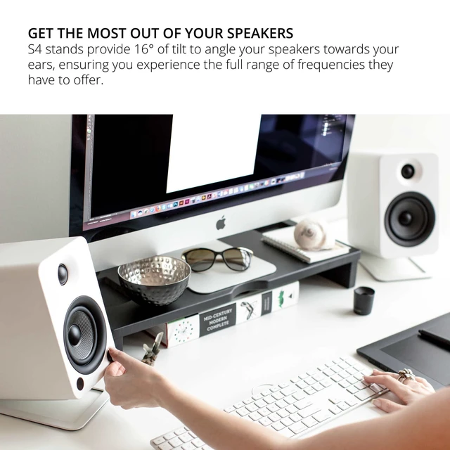 Alt view image 5 of 7 - S4 Tilted Desktop Speaker Stands for Medium Bookshelf Speakers & Mid-Size 3-4 Studio Monitors Supports 8 lbs Damping Foam Padding ¼-20 Mounting Pair White
