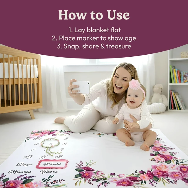 Alt view image 3 of 7 - Monthly Milestone Blanket for Baby Girl - 60"x40" - Wrinkle Free Baby Age Month Blanket with Growth Chart - Washable & Dryable - w/Wreath & Headband - Floral Theme