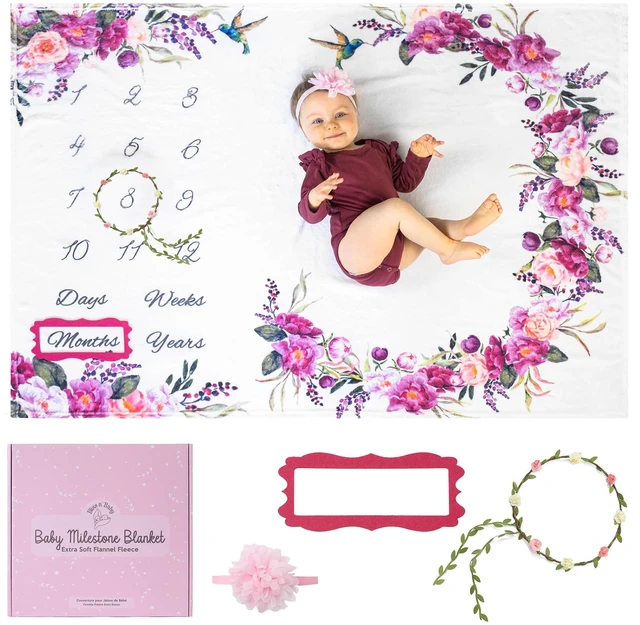 Main image of Monthly Milestone Blanket for Baby Girl - 60"x40" - Wrinkle Free Baby Age Month Blanket with Growth Chart - Washable & Dryable - w/Wreath & Headband - Floral Theme