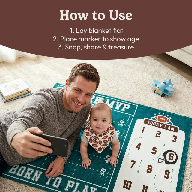 Alt view image 3 of 7 - Monthly Milestone Blanket for Baby Boys - 60"x40" - Wrinkle Free Football Age Month Blanket with Growth Chart - Washable & Dryable - w/Frames & Cotton Bib - Sports Theme Baby Accessories