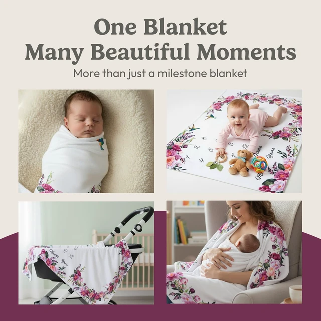 Alt view image 7 of 7 - Monthly Milestone Blanket for Baby Girl - 60"x40" - Wrinkle Free Baby Age Month Blanket with Growth Chart - Washable & Dryable - w/Wreath & Headband - Floral Theme