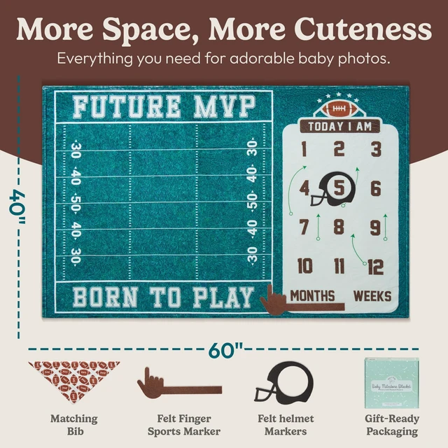 Alt view image 2 of 7 - Monthly Milestone Blanket for Baby Boys - 60"x40" - Wrinkle Free Football Age Month Blanket with Growth Chart - Washable & Dryable - w/Frames & Cotton Bib - Sports Theme Baby Accessories