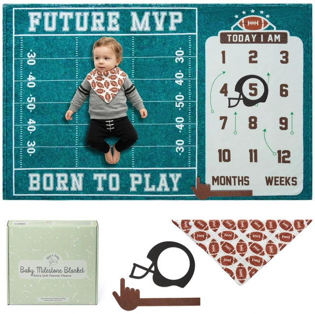 Main image of Monthly Milestone Blanket for Baby Boys - 60"x40" - Wrinkle Free Football Age Month Blanket with Growth Chart - Washable & Dryable - w/Frames & Cotton Bib - Sports Theme Baby Accessories