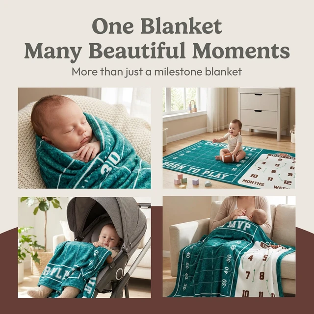 Alt view image 7 of 7 - Monthly Milestone Blanket for Baby Boys - 60"x40" - Wrinkle Free Football Age Month Blanket with Growth Chart - Washable & Dryable - w/Frames & Cotton Bib - Sports Theme Baby Accessories