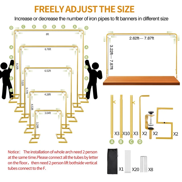 Alt view image 4 of 7 - 8.2FT Square Arch Backdrop Stand, Metal Wedding Balloon Arch Stand | Gold,Extra 2 Clamps for Table Rod Stand Use,Adjustable 3FT-8FT Length 3.3FT-8FT Height,For Wedding Birthday Party Decoration