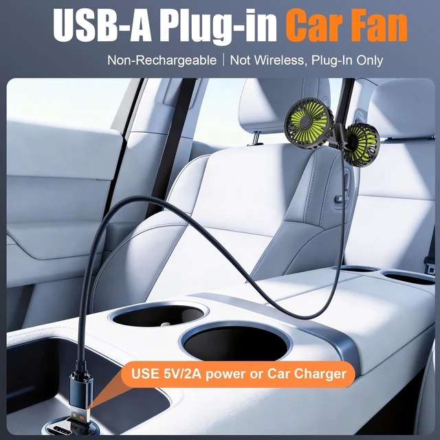 Alt view image 2 of 7 - Dual-Head USB Car Cooling Fans for Backseat Kids 3 Adjustable Speeds 5V/2A USB-A plugged in, Non-Rechargeable, 360°rotatable,rear headrest fan for babies pets, fits sedan/SUV/RV/truck/pickup