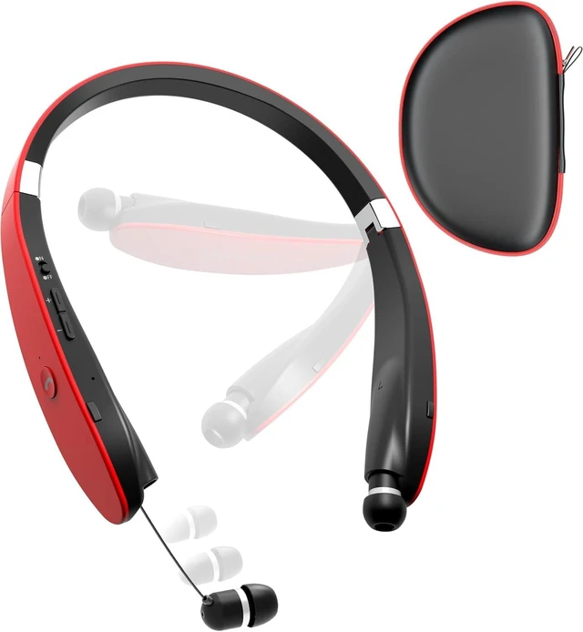 Main image of Bluetooth Neckband Headphones, Foldable Wireless Lightweight Neck Headset with Retractable Earbuds, Noise Cancelling Sweatproof Stereo Earphones with Mic & Carrying Case (Red)