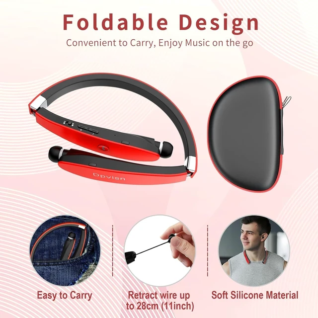 Alt view image 4 of 7 - Bluetooth Neckband Headphones, Foldable Wireless Lightweight Neck Headset with Retractable Earbuds, Noise Cancelling Sweatproof Stereo Earphones with Mic & Carrying Case (Red)