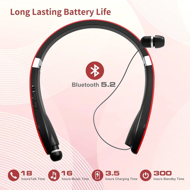 Alt view image 3 of 7 - Bluetooth Neckband Headphones, Foldable Wireless Lightweight Neck Headset with Retractable Earbuds, Noise Cancelling Sweatproof Stereo Earphones with Mic & Carrying Case (Red)
