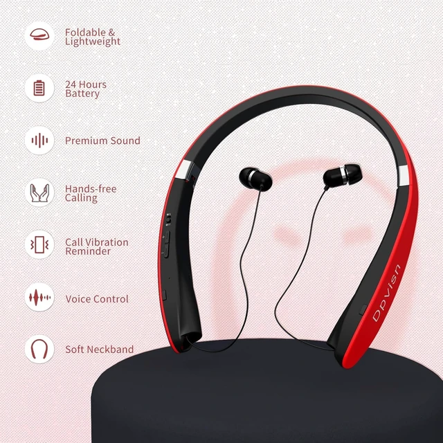 Alt view image 7 of 7 - Bluetooth Neckband Headphones, Foldable Wireless Lightweight Neck Headset with Retractable Earbuds, Noise Cancelling Sweatproof Stereo Earphones with Mic & Carrying Case (Red)