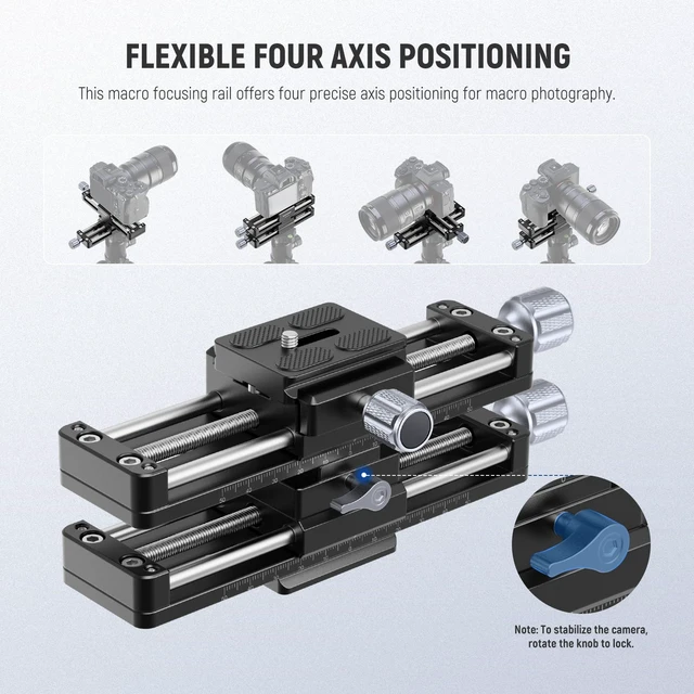 Alt view image 2 of 7 - Macro Rail Slider, 4 Axis 360° Rotating Aluminum Alloy Focusing Rail with Arca Type Quick Release Plate 1/4" Screw for Camera Camcorder Tripod Heads Macro Photography Closeups Filming, GM-MP3