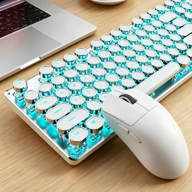 Main image of Wireless Keyboard and Mouse Combo, Blue Backlit Typewriter - White Retro Keycaps, Bluetooth/2.4G/Wired, Clicky Blue Switch, Rechargeable, Aesthetic Set for Mac, Windows, PC(EWEADN)