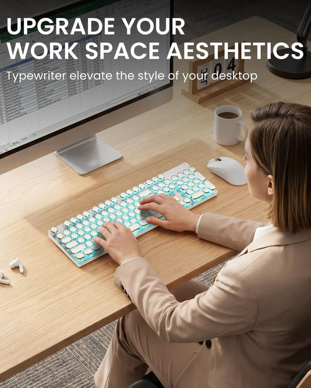 Alt view image 6 of 7 - Wireless Keyboard and Mouse Combo, Blue Backlit Typewriter - White Retro Keycaps, Bluetooth/2.4G/Wired, Clicky Blue Switch, Rechargeable, Aesthetic Set for Mac, Windows, PC(EWEADN)