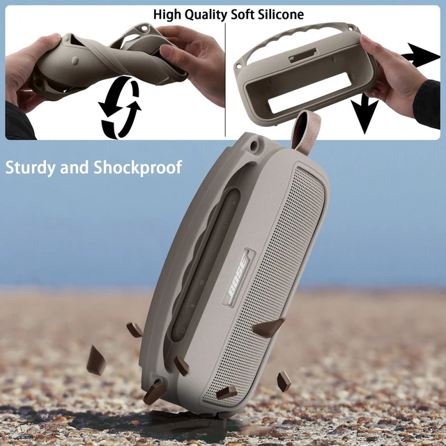 Alt view image 4 of 7 - Soft Silicone Case for Bose SoundLink Flex 2nd Gen, Sandstone Skin-Friendly Handle, Adjustable Shoulder Strap, Crossbody Carrying, Aluminum Carabiner, Lightweight
