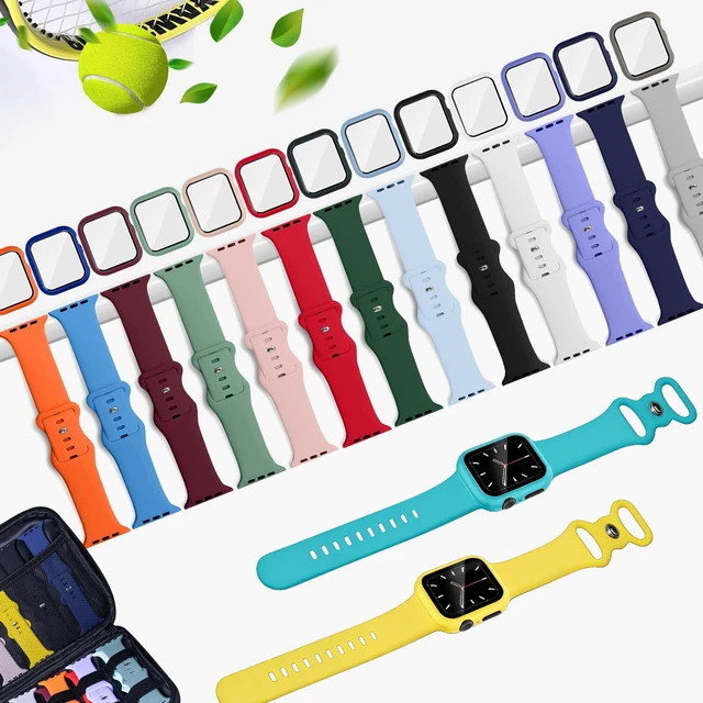 Alt view image 2 of 7 - 15Pack Silicone Watch Band Case with Screen Protector for Apple Watch Soft Silicone,Skin-Friendly,Sweat-Proof,Wireless Charging Compatible,Storage Case, for Series 11/10/9/8/7/6/5/4/SE(38-46mm)