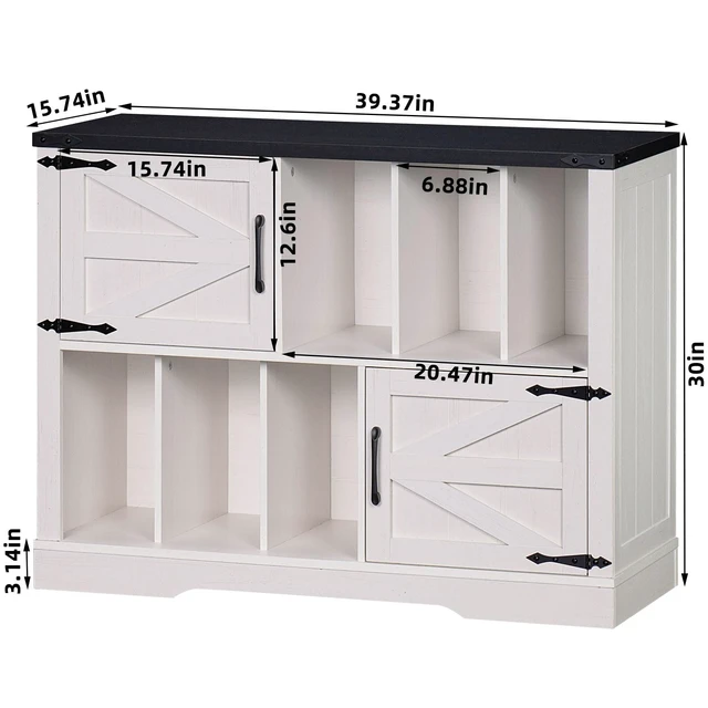 Alt view image 2 of 7 - Large Record Player Stand with Vinyl Storage Up to 450 Albums, 39 Inch Farmhouse Rustic Wood White Storage Cabinet with Barn Doors, Vintage Mid-Century Turntable Stand for Bedroom, Living Room