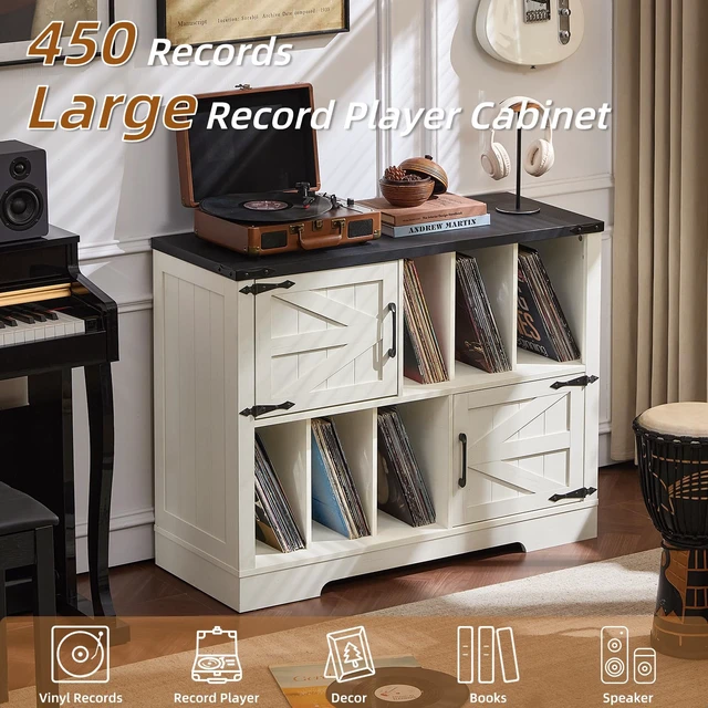 Alt view image 4 of 7 - Large Record Player Stand with Vinyl Storage Up to 450 Albums, 39 Inch Farmhouse Rustic Wood White Storage Cabinet with Barn Doors, Vintage Mid-Century Turntable Stand for Bedroom, Living Room