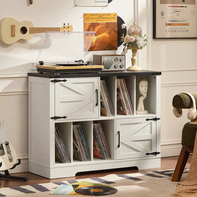 Alt view image 7 of 7 - Large Record Player Stand with Vinyl Storage Up to 450 Albums, 39 Inch Farmhouse Rustic Wood White Storage Cabinet with Barn Doors, Vintage Mid-Century Turntable Stand for Bedroom, Living Room