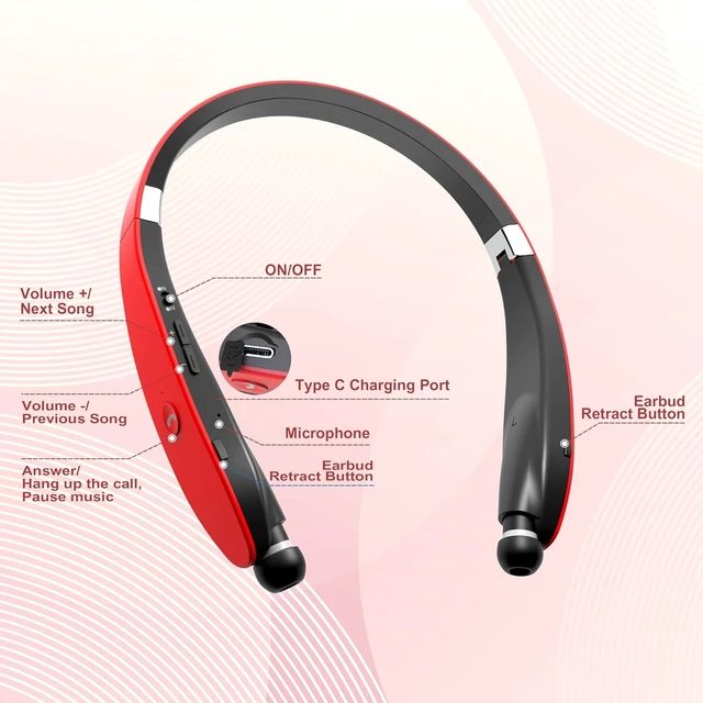 Alt view image 2 of 7 - Bluetooth Neckband Headphones, Foldable Wireless Lightweight Neck Headset with Retractable Earbuds, Noise Cancelling Sweatproof Stereo Earphones with Mic & Carrying Case (Red)