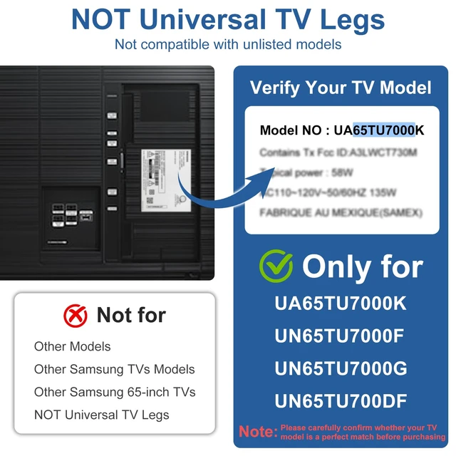 Alt view image 2 of 7 - TV Legs for Samsung, Exclusive Only for Samsung UA65TU7000K UN65TU7000F UN65TU7000G UN65TU700DF 2020 Model TV Legs Replacement, NOT Universal, Not for Other Models, with Cable Ties, Screwless Install