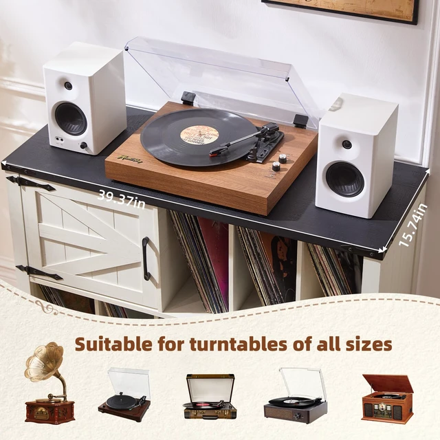 Alt view image 6 of 7 - Large Record Player Stand with Vinyl Storage Up to 450 Albums, 39 Inch Farmhouse Rustic Wood White Storage Cabinet with Barn Doors, Vintage Mid-Century Turntable Stand for Bedroom, Living Room