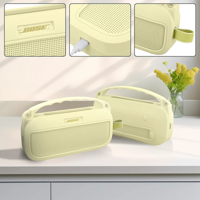 Alt view image 3 of 7 - Soft Silicone Case for Bose SoundLink Flex 2nd Gen, Yellow Skin-Friendly Handle, Adjustable Shoulder Strap, Crossbody Carrying, Aluminum Carabiner, Lightweight