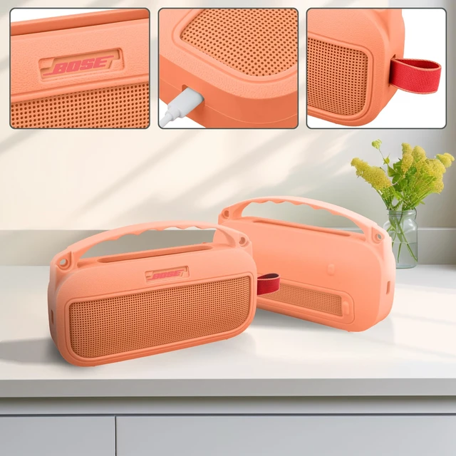 Alt view image 3 of 7 - Soft Silicone Case for Bose SoundLink Flex 2nd Gen, Orange Skin-Friendly Handle, Adjustable Shoulder Strap, Crossbody Carrying, Aluminum Carabiner, Lightweight