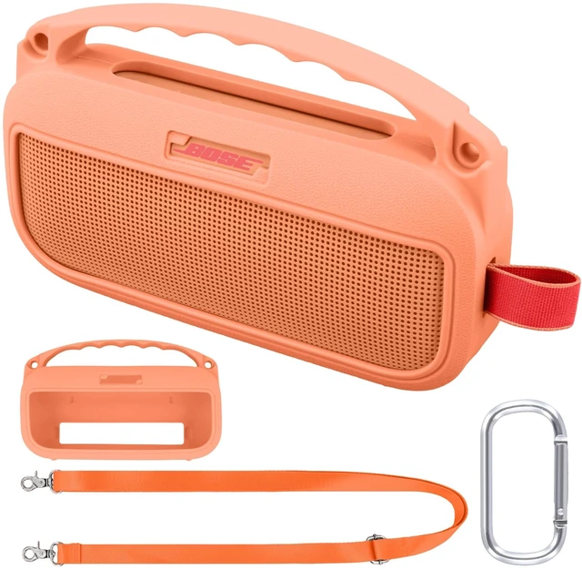 Main image of Soft Silicone Case for Bose SoundLink Flex 2nd Gen, Orange Skin-Friendly Handle, Adjustable Shoulder Strap, Crossbody Carrying, Aluminum Carabiner, Lightweight