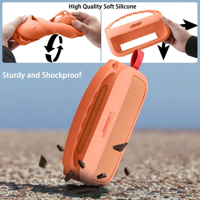Alt view image 4 of 7 - Soft Silicone Case for Bose SoundLink Flex 2nd Gen, Orange Skin-Friendly Handle, Adjustable Shoulder Strap, Crossbody Carrying, Aluminum Carabiner, Lightweight