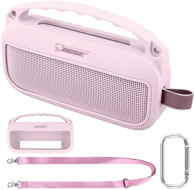 Main image of Soft Silicone Case for Bose SoundLink Flex 2nd Gen, Pink Skin-Friendly Handle, Adjustable Shoulder Strap, Crossbody Carrying, Aluminum Carabiner, Lightweight