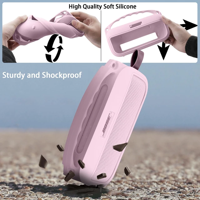 Alt view image 4 of 7 - Soft Silicone Case for Bose SoundLink Flex 2nd Gen, Pink Skin-Friendly Handle, Adjustable Shoulder Strap, Crossbody Carrying, Aluminum Carabiner, Lightweight
