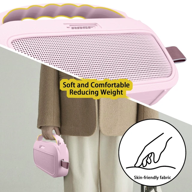 Alt view image 6 of 7 - Soft Silicone Case for Bose SoundLink Flex 2nd Gen, Pink Skin-Friendly Handle, Adjustable Shoulder Strap, Crossbody Carrying, Aluminum Carabiner, Lightweight