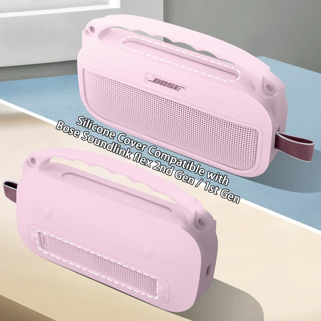 Alt view image 5 of 7 - Soft Silicone Case for Bose SoundLink Flex 2nd Gen, Pink Skin-Friendly Handle, Adjustable Shoulder Strap, Crossbody Carrying, Aluminum Carabiner, Lightweight