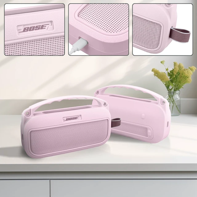 Alt view image 3 of 7 - Soft Silicone Case for Bose SoundLink Flex 2nd Gen, Pink Skin-Friendly Handle, Adjustable Shoulder Strap, Crossbody Carrying, Aluminum Carabiner, Lightweight