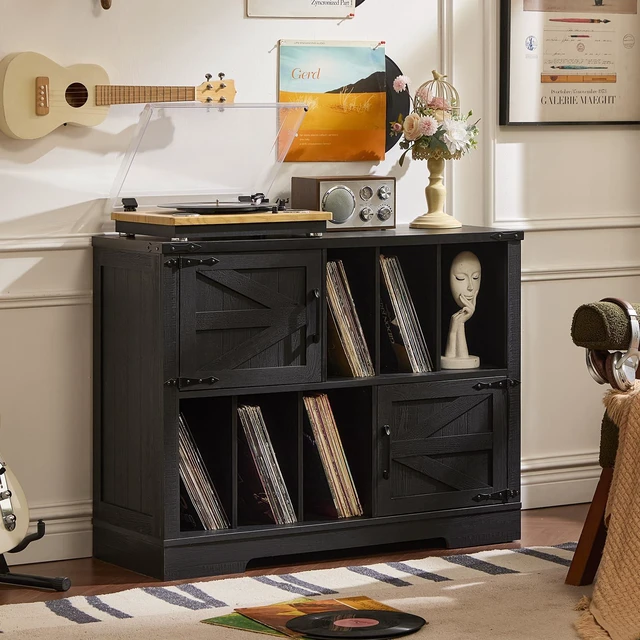 Alt view image 7 of 7 - Large Record Player Stand with Vinyl Storage Up to 450 Albums, 39 Inch Farmhouse Wood Black Vinyl Records Storage Cabinet with Barn Doors, Mid-Century Modern Turntable Stand for Living Room