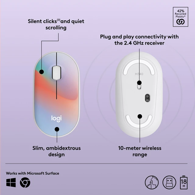 Alt view image 7 of 7 - M340 Compact Ambidextrous Silent Wireless Mouse - Sheer Dream | Silent clicks, with 2.4 GHz USB-A Nano Receiver, 3 non-customizable buttons, 18-months battery, Windows Mac Chrome compatible