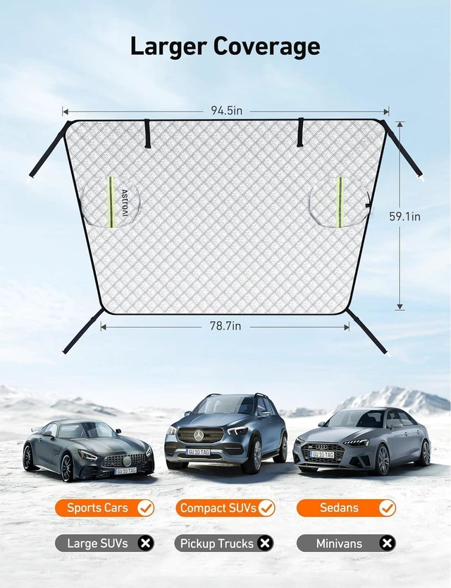 Alt view image 5 of 7 - Idealforce 4-Layer Windshield Snow Cover for Ice, UV, Frost - Wiper & Mirror Protector, Windproof Sunshade for Cars, Compact SUVs